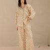 100% Cotton Women's Pajama Set, Long Sleeve Floral Loungewear, Beige