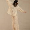 100% Cotton Women's Pajama Set, Long Sleeve Floral Loungewear, Beige
