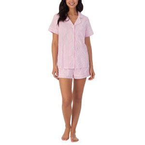 Women’s Short Sleeve Woven Cotton Sateen Shorty Pajama Set – Organic, Soft, Lightweight, Classic Fit Sleepwear, Pink Stripe,