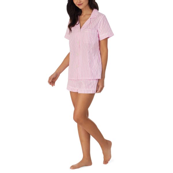 Women’s Short Sleeve Woven Cotton Sateen Shorty Pajama Set – Organic, Soft, Lightweight, Classic Fit Sleepwear, Pink Stripe,
