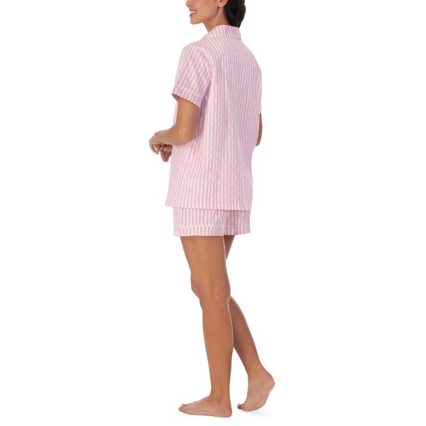 Women’s Short Sleeve Woven Cotton Sateen Shorty Pajama Set – Organic, Soft, Lightweight, Classic Fit Sleepwear, Pink Stripe,