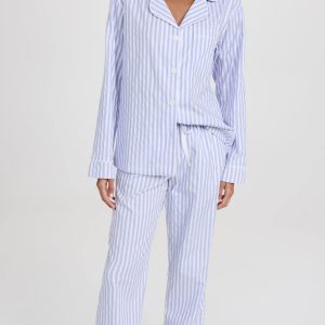 Womens Long Sleeve Notch Collar & Pant Sleepwear Pajama Set, Organic Cotton