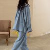 Women's Peter Pan Collar Pajama Set, Long Sleeve Button-Up Top and Wide-Leg Pants, Blue Polka Dot Pattern