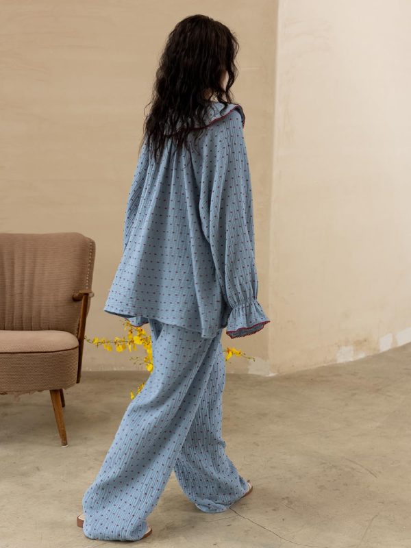 Women's Peter Pan Collar Pajama Set, Long Sleeve Button-Up Top and Wide-Leg Pants, Blue Polka Dot Pattern