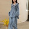 Women's Peter Pan Collar Pajama Set, Long Sleeve Button-Up Top and Wide-Leg Pants, Blue Polka Dot Pattern