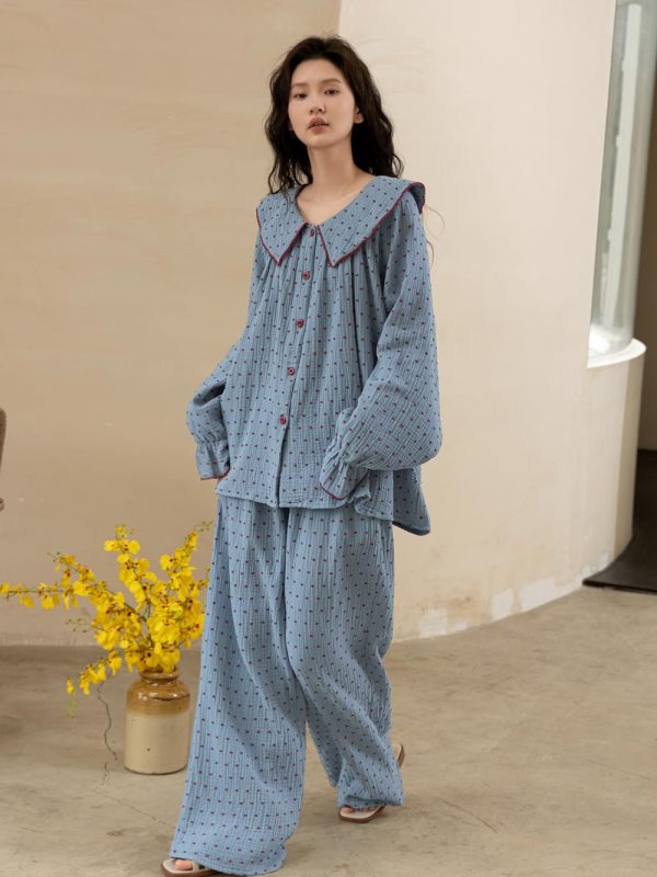 Women's Peter Pan Collar Pajama Set, Long Sleeve Button-Up Top and Wide-Leg Pants, Blue Polka Dot Pattern