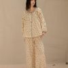 100% Cotton Women's Pajama Set, Long Sleeve Floral Loungewear, Beige
