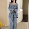 Women's Peter Pan Collar Pajama Set, Long Sleeve Button-Up Top and Wide-Leg Pants, Blue Polka Dot Pattern