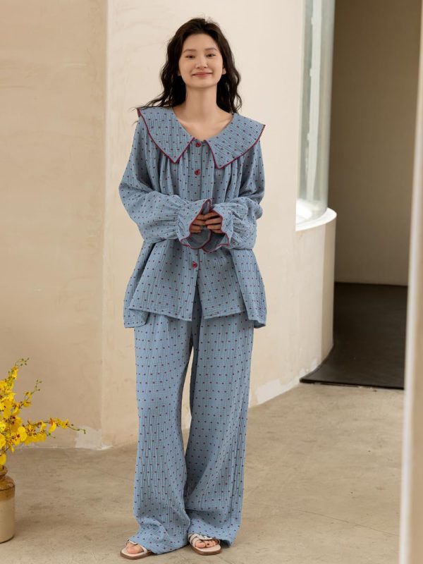 Women's Peter Pan Collar Pajama Set, Long Sleeve Button-Up Top and Wide-Leg Pants, Blue Polka Dot Pattern