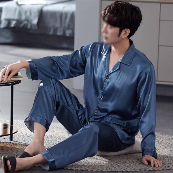 Long-sleeved Silk Ice-silk Pyjamas for Men in A Thin Faux Silk Four-season Suit