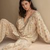 100% Cotton Women's Pajama Set, Long Sleeve Floral Loungewear, Beige