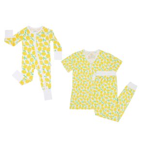 New Mother's Bundle, Includes Womens Pajama Top and Bottoms, Newborn 2-Way Zipper Pajamas, Viscose Derived from Bamboo, Lemons