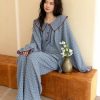 Women's Peter Pan Collar Pajama Set, Long Sleeve Button-Up Top and Wide-Leg Pants, Blue Polka Dot Pattern