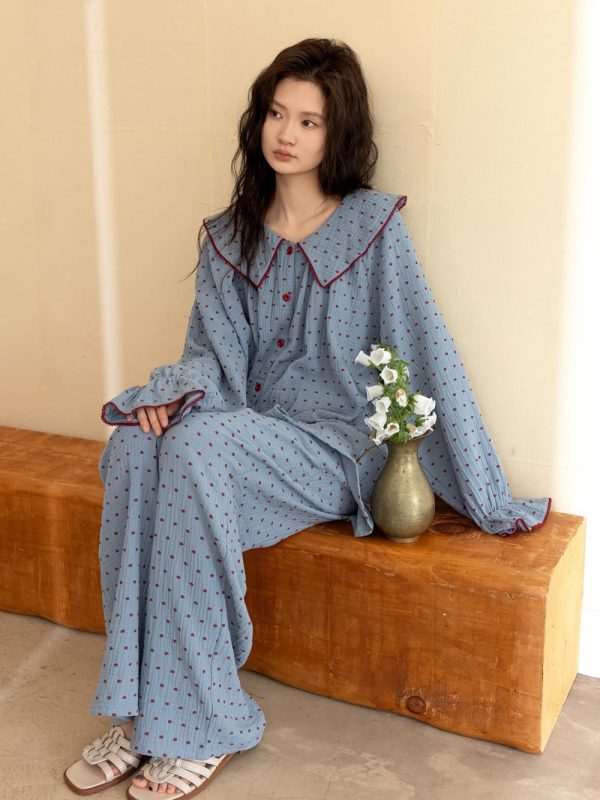 Women's Peter Pan Collar Pajama Set, Long Sleeve Button-Up Top and Wide-Leg Pants, Blue Polka Dot Pattern