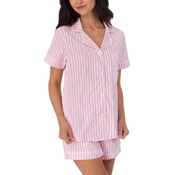 Women’s Short Sleeve Woven Cotton Sateen Shorty Pajama Set – Organic, Soft, Lightweight, Classic Fit Sleepwear, Pink Stripe,