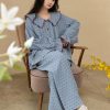 Women's Peter Pan Collar Pajama Set, Long Sleeve Button-Up Top and Wide-Leg Pants, Blue Polka Dot Pattern