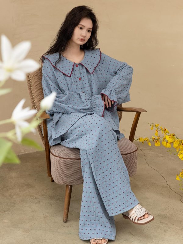 Women's Peter Pan Collar Pajama Set, Long Sleeve Button-Up Top and Wide-Leg Pants, Blue Polka Dot Pattern