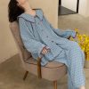 Women's Peter Pan Collar Pajama Set, Long Sleeve Button-Up Top and Wide-Leg Pants, Blue Polka Dot Pattern
