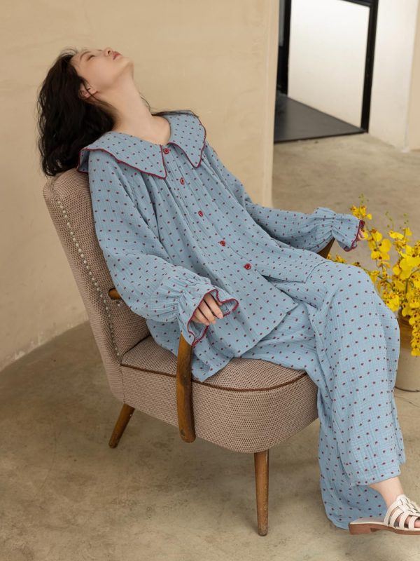 Women's Peter Pan Collar Pajama Set, Long Sleeve Button-Up Top and Wide-Leg Pants, Blue Polka Dot Pattern