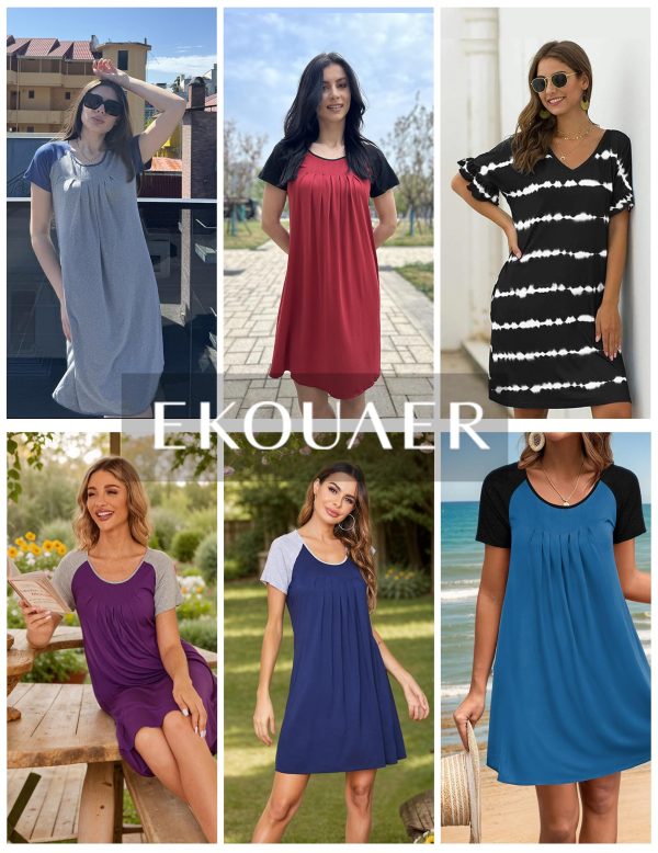 Sleep Shirts for Women Short Sleeve Nightshirts Pleated Nightgowns Loose Fit Night Dress Soft Sleepwear S-3XL