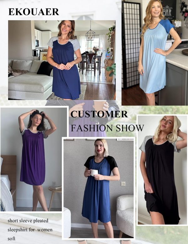 Sleep Shirts for Women Short Sleeve Nightshirts Pleated Nightgowns Loose Fit Night Dress Soft Sleepwear S-3XL