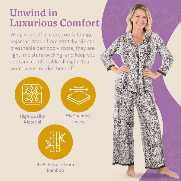 Leopard Pajamas for Women - Pajamas Set with 3/4 Sleeve Top & Pants - Leopard Print Bamboo from Viscose Lounge Pajama w/Black