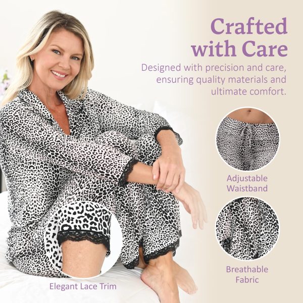 Leopard Pajamas for Women - Pajamas Set with 3/4 Sleeve Top & Pants - Leopard Print Bamboo from Viscose Lounge Pajama w/Black